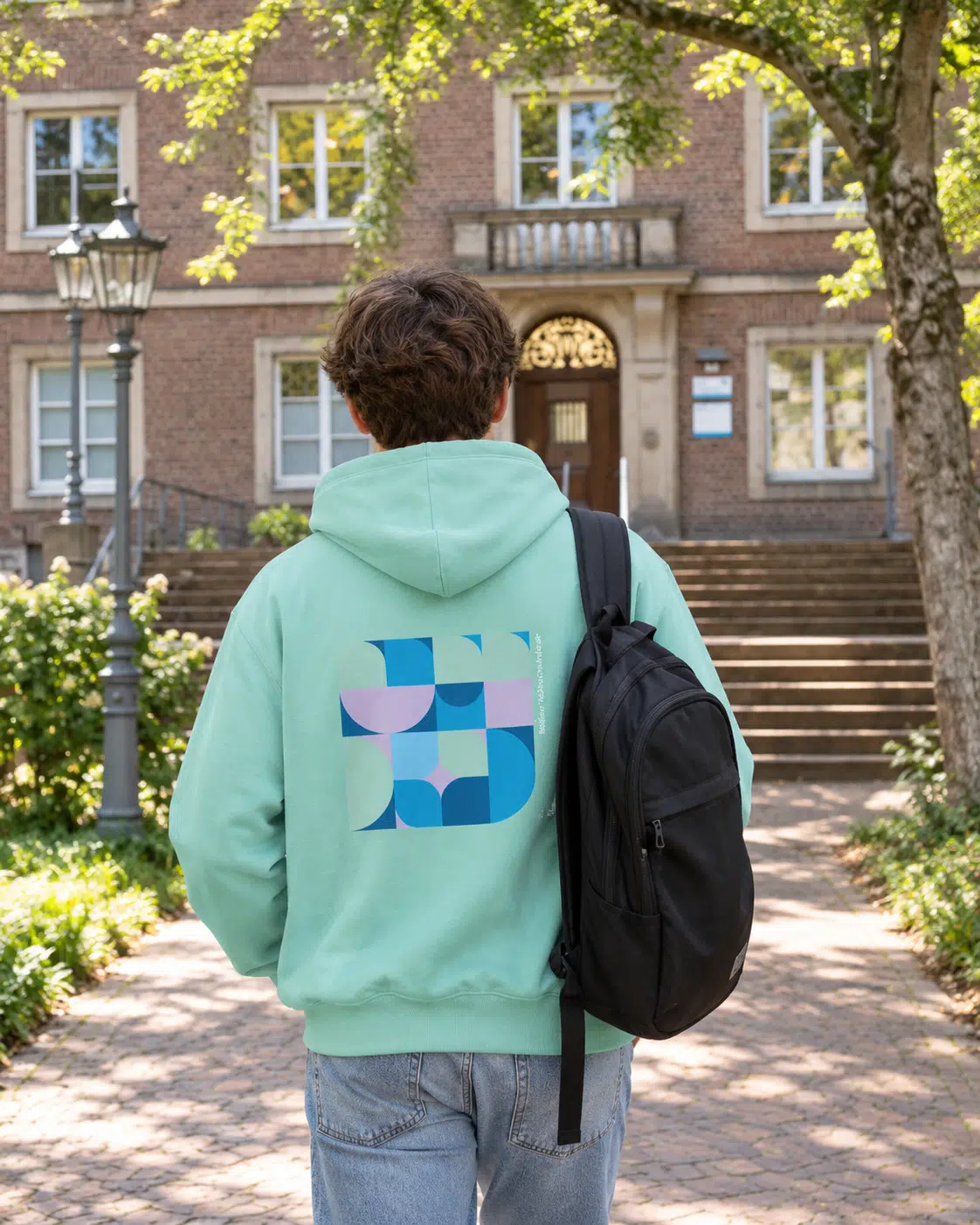 Mann mit Merchandise-Pulli vor der Fliedner Fachhochschule