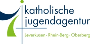 grün-blaues Logo der katholischen jugenagentur mit der Unterschrift Leverkusen - Rhein-Berg - Oberberg