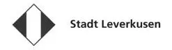 Logo der Stadt Leverkusen: Schwarze Raute mit dickem weißen Streifen in der Mitte. Daneben der Schriftzug "Stadt Leverkusen"