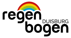 Logo von Regenbogen Duisburg mit schwarzer Schrift und einem Regenbogen mit den Farben rot, orange, grün und blau oben drüber